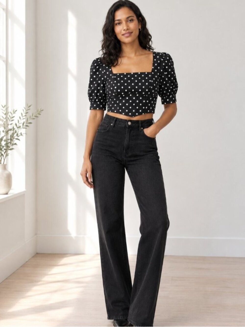 Topshop Black White Polka Dot Crop Top Square Neck Puff Sleeve US 6 0548